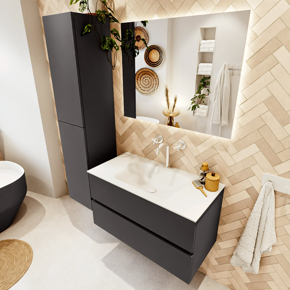 MONDIAZ VICA 90cm mueble de baño Dark Grey 2 cajones. Lavabo CLOUD Centro 1 orificio color Talc con espejo LED. 1 MONDIAZ VICA 90cm mueble de baño Dark Grey 2 cajones. Lavabo CLOUD Centro 1 orificio color Talc con espejo LED.