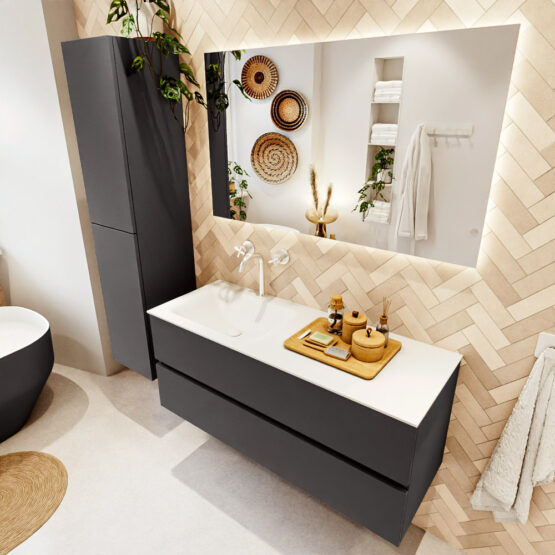 MONDIAZ VICA 120cm mueble de baño Dark Grey 2 cajones. Lavabo CLOUD Izquierda 1 orificio color Talc con espejo LED.
