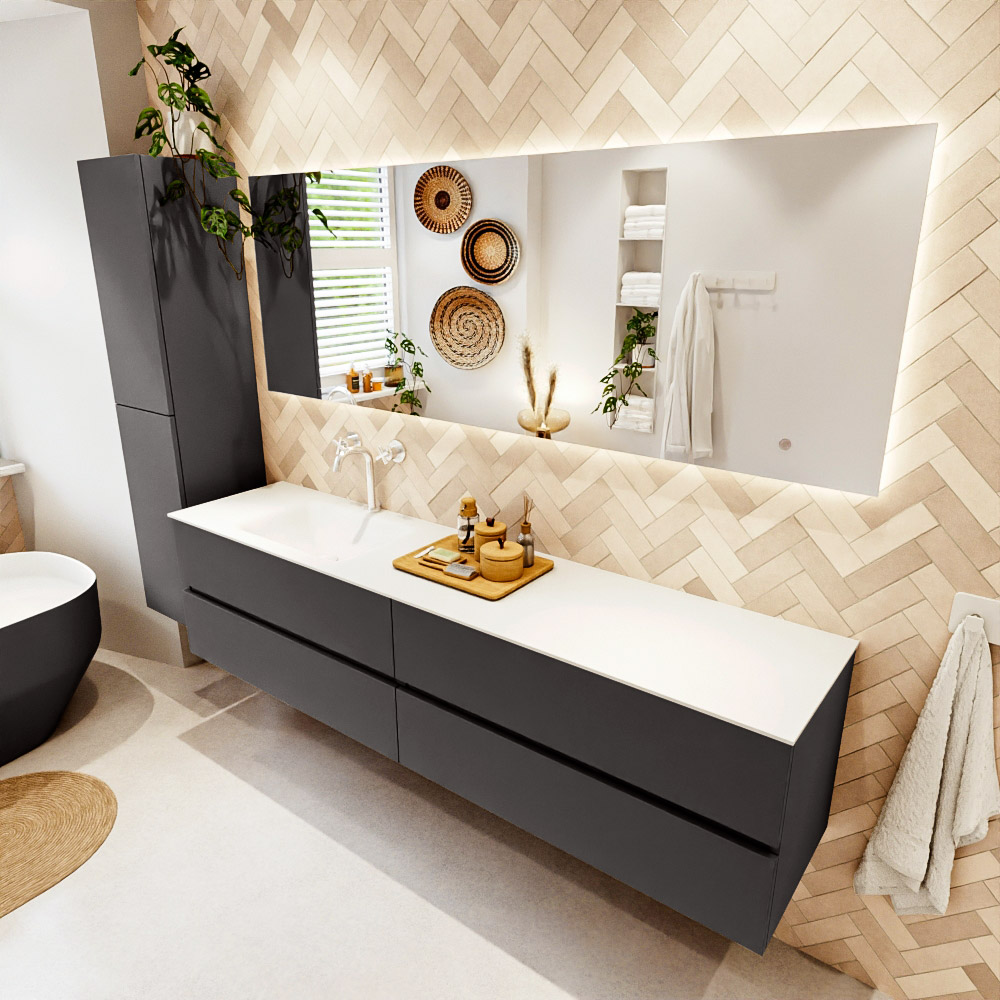 MONDIAZ VICA 200cm mueble de baño Dark Grey 4 cajones. Lavabo CLOUD Izquierda 1 orificio color Talc con espejo LED. 1 MONDIAZ VICA 200cm mueble de baño Dark Grey 4 cajones. Lavabo CLOUD Izquierda 1 orificio color Talc con espejo LED.