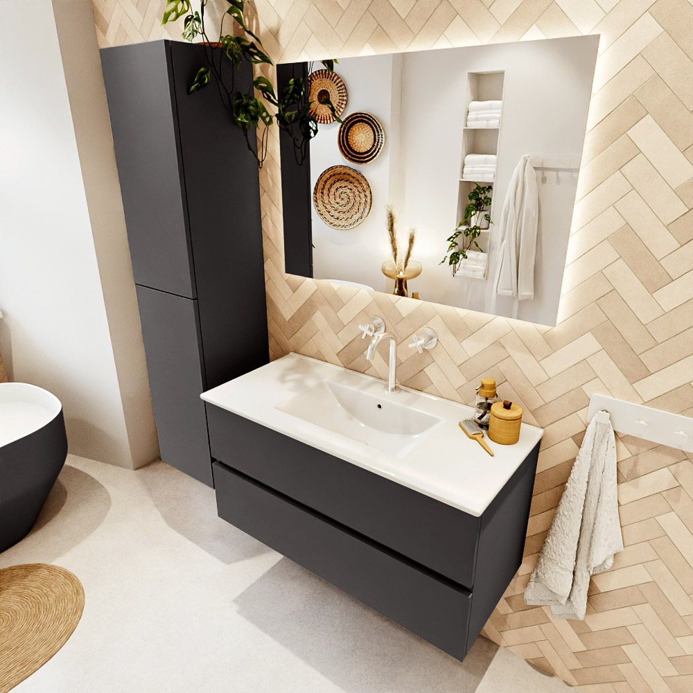 MONDIAZ VICA 100cm mueble de baño Dark Grey 2 cajones. Lavabo DENIA Centro 1 orificio color Blanco brillo con espejo LED. 1 MONDIAZ VICA 100cm mueble de baño Dark Grey 2 cajones. Lavabo DENIA Centro 1 orificio color Blanco brillo con espejo LED.