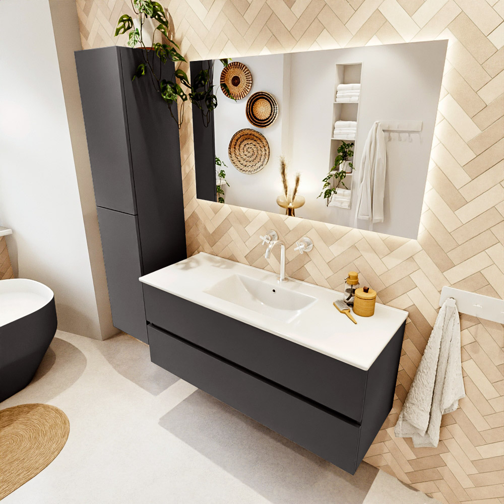 MONDIAZ VICA 120cm mueble de baño Dark Grey 2 cajones. Lavabo DENIA Centro 1 orificio color Blanco brillo con espejo LED. 1 MONDIAZ VICA 120cm mueble de baño Dark Grey 2 cajones. Lavabo DENIA Centro 1 orificio color Blanco brillo con espejo LED.