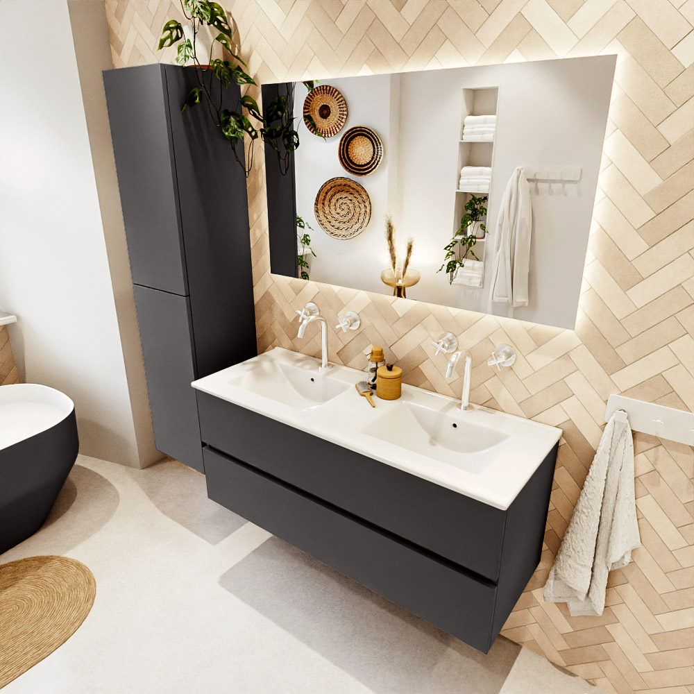 MONDIAZ VICA 120cm mueble de baño Dark Grey 2 cajones. Lavabo DENIA Doble 2 orificios color Blanco brillo con espejo LED. 1 MONDIAZ VICA 120cm mueble de baño Dark Grey 2 cajones. Lavabo DENIA Doble 2 orificios color Blanco brillo con espejo LED.