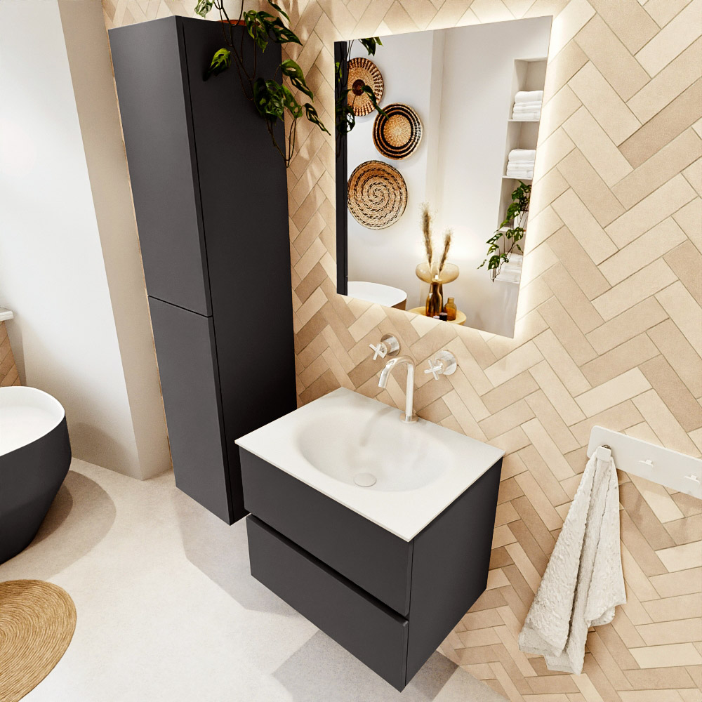 MONDIAZ VICA 60cm mueble de baño Dark Grey 2 cajones. Lavabo MOON Centro 1 orificio color Talc con espejo LED. 1 MONDIAZ VICA 60cm mueble de baño Dark Grey 2 cajones. Lavabo MOON Centro 1 orificio color Talc con espejo LED.