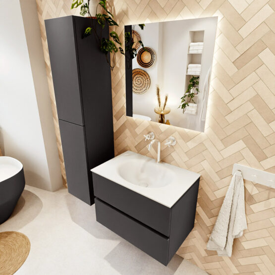 MONDIAZ VICA 70cm mueble de baño Dark Grey 2 cajones. Lavabo MOON Centro 1 orificio color Talc con espejo LED.