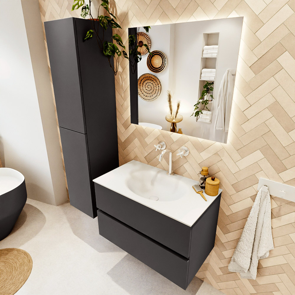 MONDIAZ VICA 80cm mueble de baño Dark Grey 2 cajones. Lavabo MOON Centro 1 orificio color Talc con espejo LED. 1 MONDIAZ VICA 80cm mueble de baño Dark Grey 2 cajones. Lavabo MOON Centro 1 orificio color Talc con espejo LED.