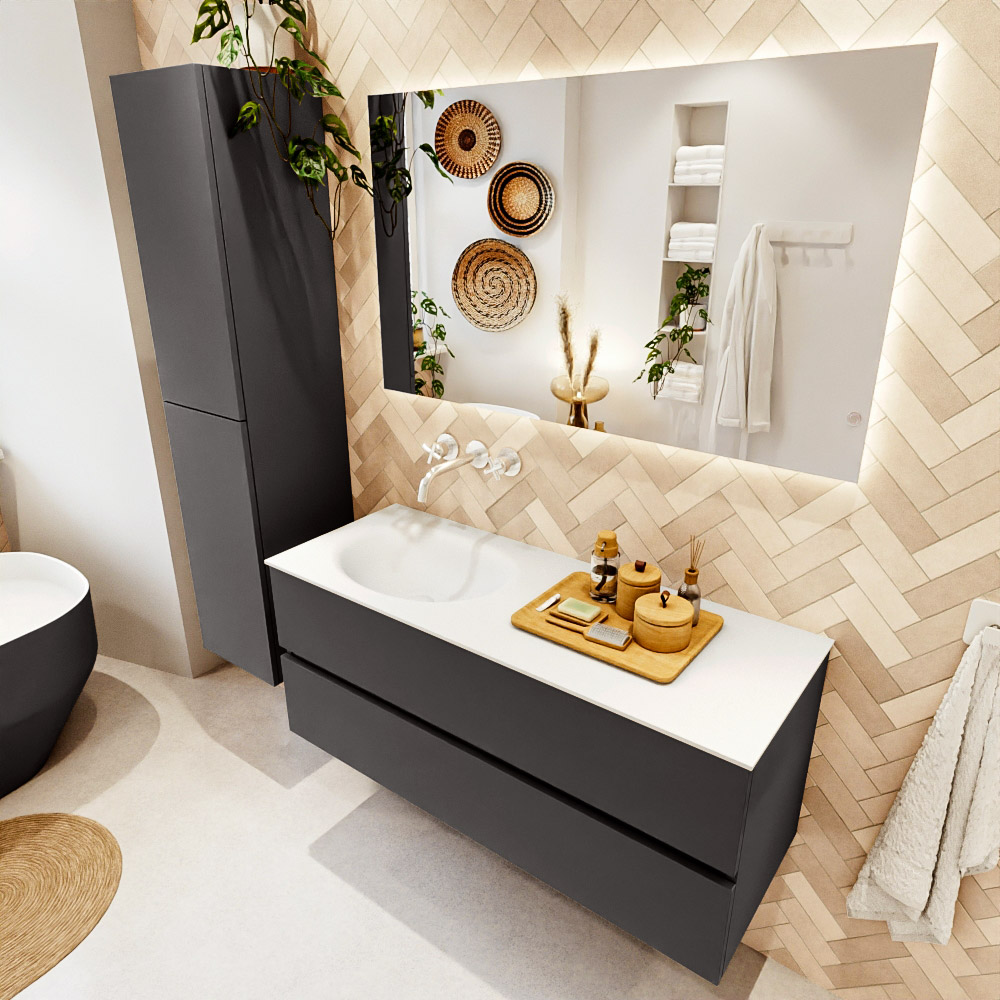 MONDIAZ VICA 120cm mueble de baño Dark Grey 2 cajones. Lavabo MOON Izquierda sin orificio color Talc con espejo LED. 1 MONDIAZ VICA 120cm mueble de baño Dark Grey 2 cajones. Lavabo MOON Izquierda sin orificio color Talc con espejo LED.