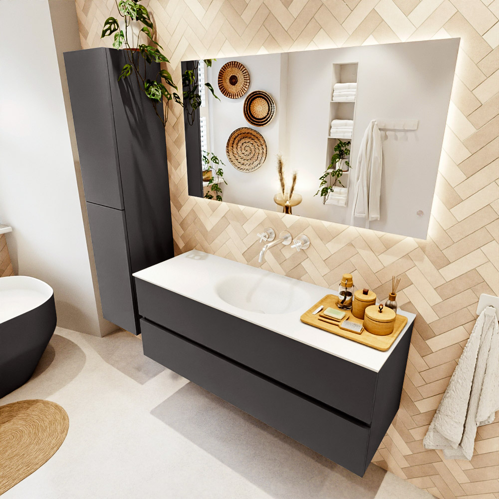 MONDIAZ VICA 130cm mueble de baño Dark Grey 2 cajones. Lavabo MOON Centro sin orificio color Talc con espejo LED. 1 MONDIAZ VICA 130cm mueble de baño Dark Grey 2 cajones. Lavabo MOON Centro sin orificio color Talc con espejo LED.