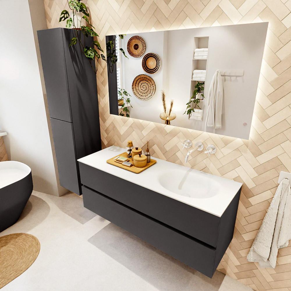 MONDIAZ VICA 130cm mueble de baño Dark Grey 2 cajones. Lavabo MOON Derecho sin orificio color Talc con espejo LED. 1 MONDIAZ VICA 130cm mueble de baño Dark Grey 2 cajones. Lavabo MOON Derecho sin orificio color Talc con espejo LED.