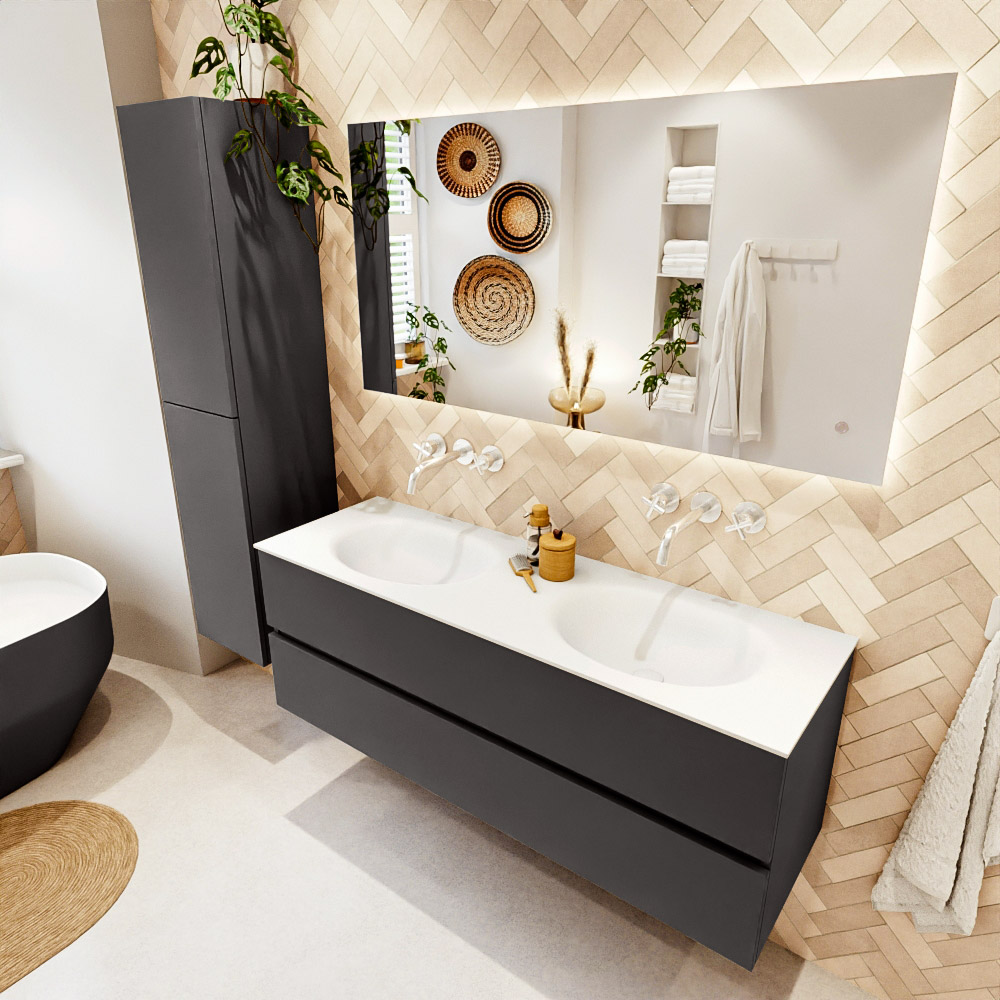 MONDIAZ VICA 140cm mueble de baño Dark Grey 2 cajones. Lavabo MOON Doble sin orificio color Talc con espejo LED. 1 MONDIAZ VICA 140cm mueble de baño Dark Grey 2 cajones. Lavabo MOON Doble sin orificio color Talc con espejo LED.