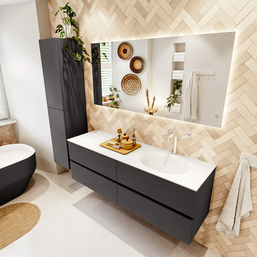 MONDIAZ VICA 150cm mueble de baño Dark Grey 4 cajones. Lavabo MOON Derecho 1 orificio color Talc con espejo LED. 1 MONDIAZ VICA 150cm mueble de baño Dark Grey 4 cajones. Lavabo MOON Derecho 1 orificio color Talc con espejo LED.