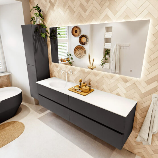 MONDIAZ VICA 180cm mueble de baño Dark Grey 4 cajones. Lavabo MOON Izquierda 1 orificio color Talc con espejo LED.