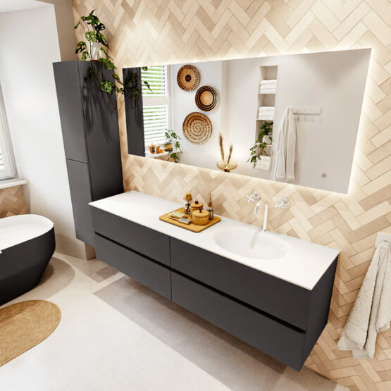 MONDIAZ VICA 180cm mueble de baño Dark Grey 4 cajones. Lavabo MOON Derecho 1 orificio color Talc con espejo LED.