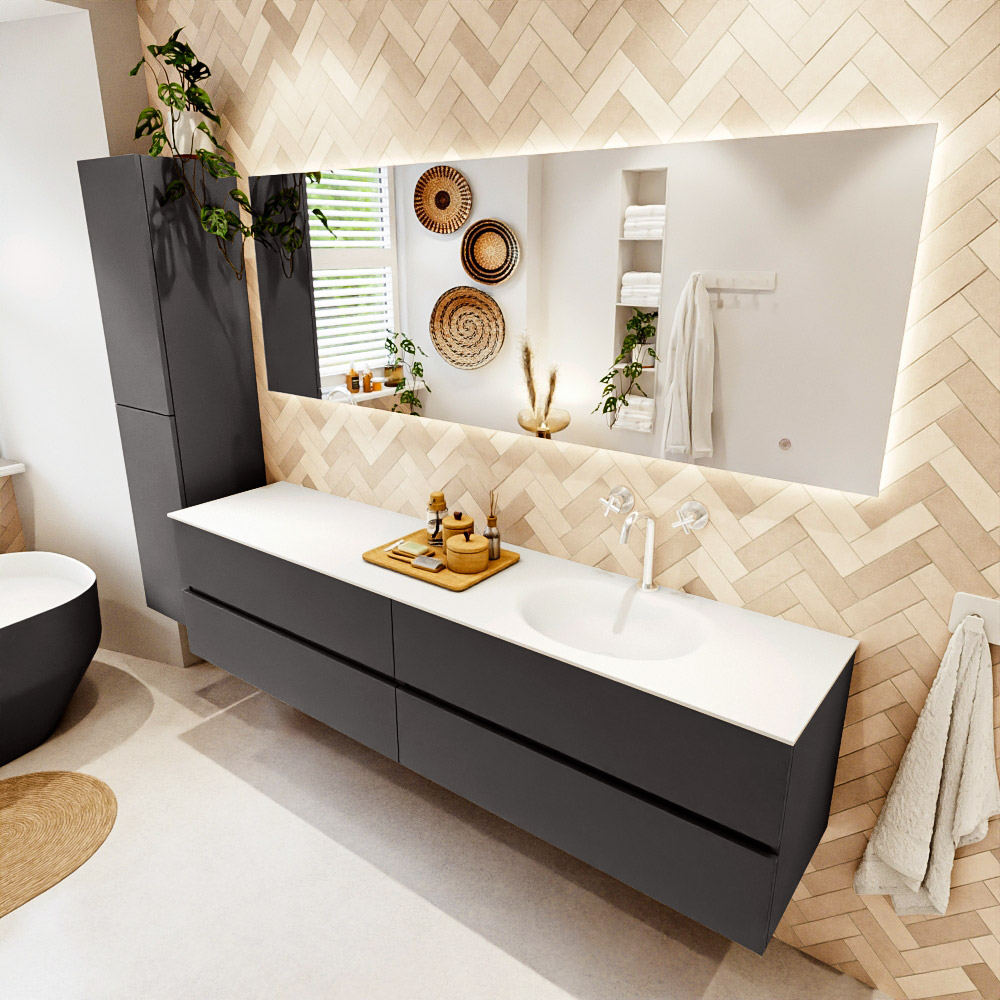 MONDIAZ VICA 200cm mueble de baño Dark Grey 4 cajones. Lavabo MOON Derecho 1 orificio color Talc con espejo LED. 1 MONDIAZ VICA 200cm mueble de baño Dark Grey 4 cajones. Lavabo MOON Derecho 1 orificio color Talc con espejo LED.