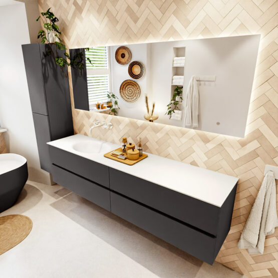 MONDIAZ VICA 200cm mueble de baño Dark Grey 4 cajones. Lavabo MOON Izquierda sin orificio color Talc con espejo LED.