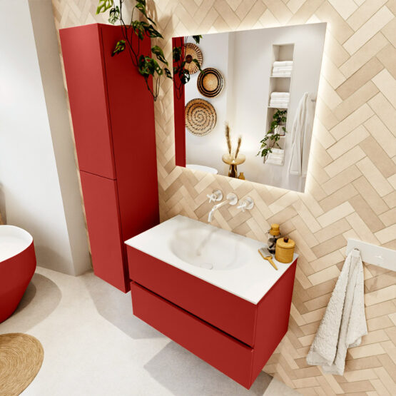 MONDIAZ VICA 80cm mueble de baño Fire 2 cajones. Lavabo MOON Centro sin orificio color Talc con espejo LED.