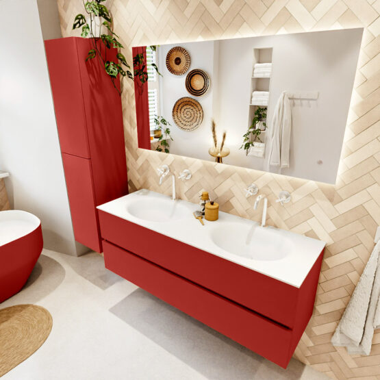 MONDIAZ VICA 140cm mueble de baño Fire 2 cajones. Lavabo MOON Doble 2 orificios color Talc con espejo LED.