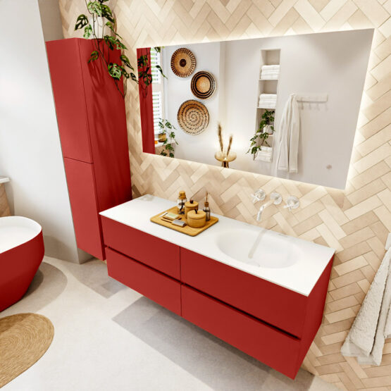 MONDIAZ VICA 140cm mueble de baño Fire 4 cajones. Lavabo MOON Derecho sin orificio color Talc con espejo LED.