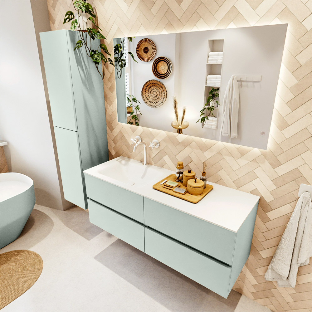 MONDIAZ VICA 130cm mueble de baño Greey 4 cajones. Lavabo CLOUD Izquierda 1 orificio color Talc con espejo LED. 1 MONDIAZ VICA 130cm mueble de baño Greey 4 cajones. Lavabo CLOUD Izquierda 1 orificio color Talc con espejo LED.