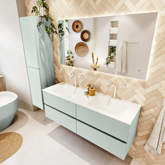 MONDIAZ VICA 140cm mueble de baño Greey 4 cajones. Lavabo CLOUD Doble 2 orificios color Talc con espejo LED.