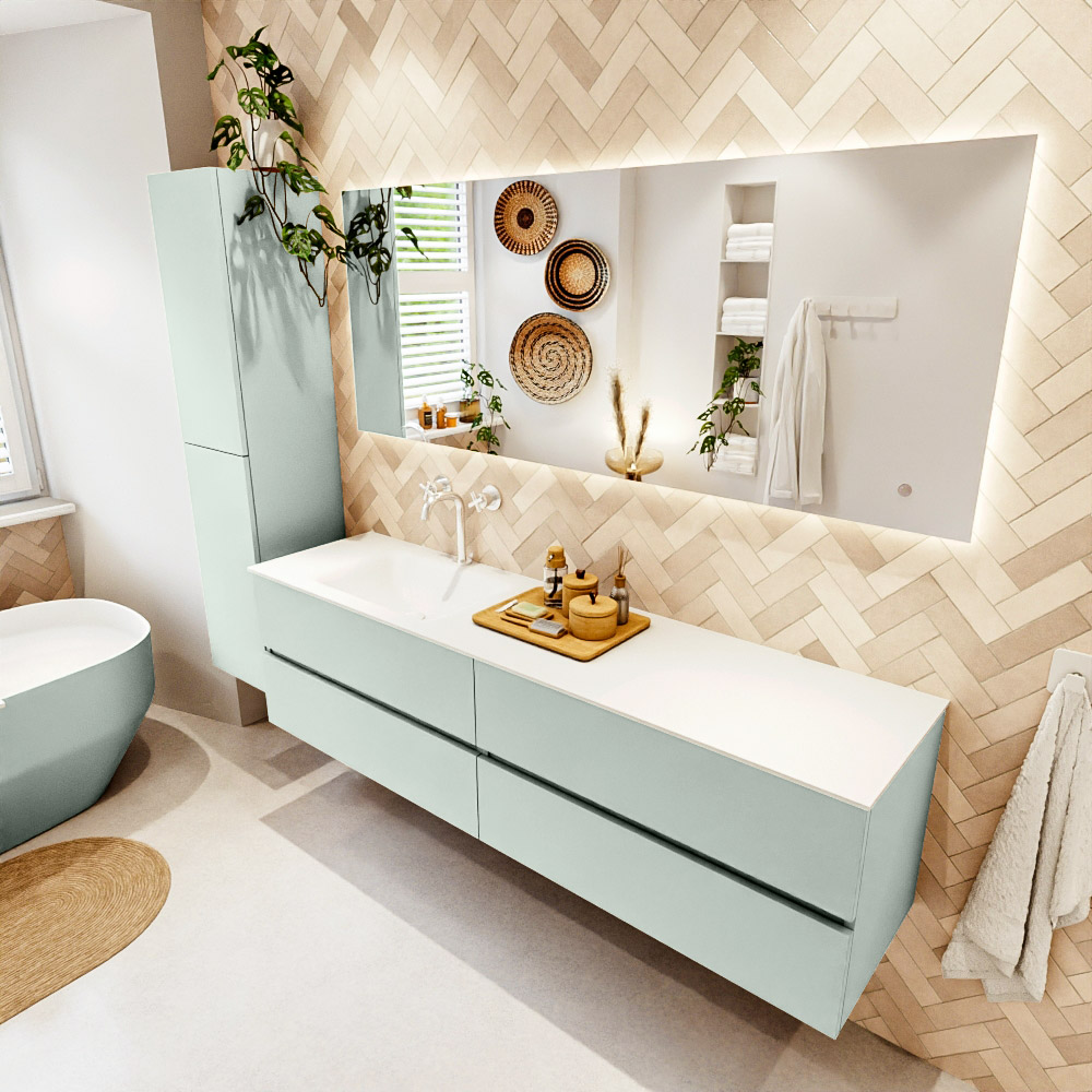 MONDIAZ VICA 180cm mueble de baño Greey 4 cajones. Lavabo CLOUD Izquierda 1 orificio color Talc con espejo LED. 1 MONDIAZ VICA 180cm mueble de baño Greey 4 cajones. Lavabo CLOUD Izquierda 1 orificio color Talc con espejo LED.