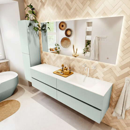 MONDIAZ VICA 180cm mueble de baño Greey 4 cajones. Lavabo CLOUD Derecho 1 orificio color Talc con espejo LED.