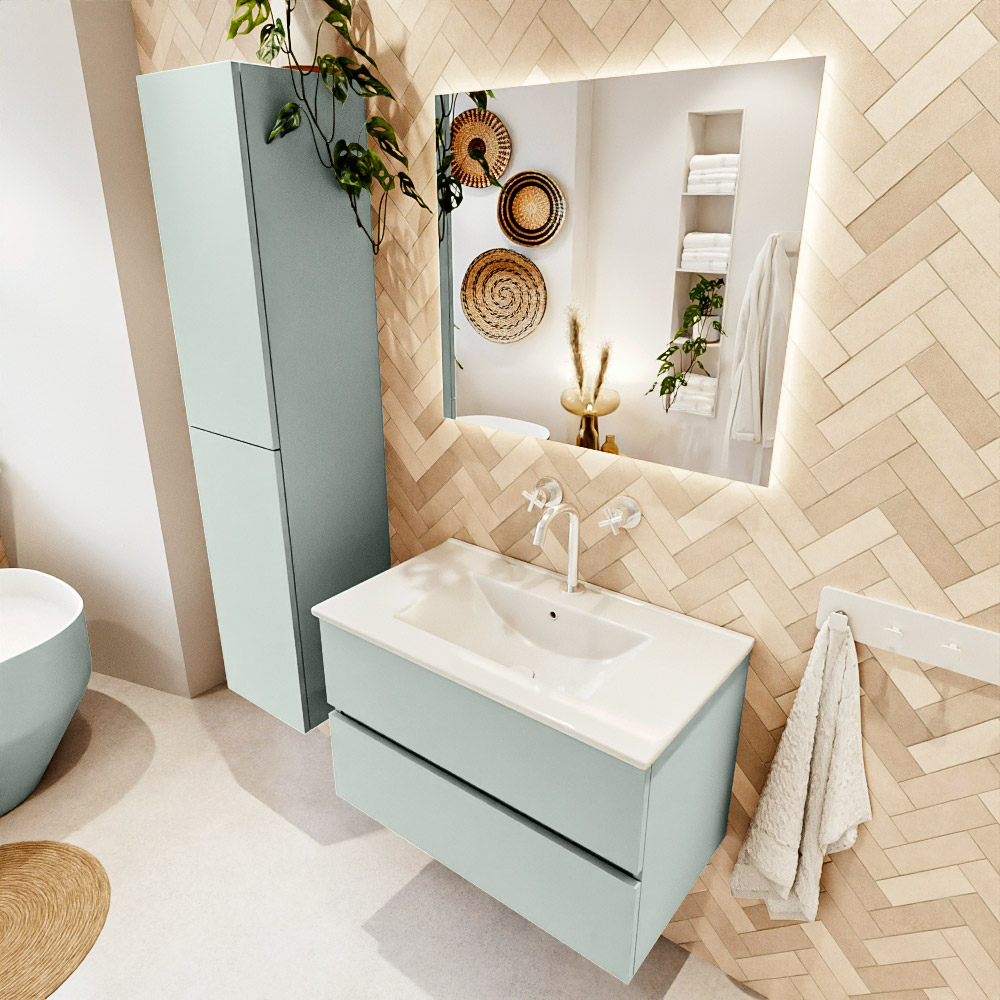 MONDIAZ VICA 80cm mueble de baño Greey 2 cajones. Lavabo DENIA Centro 1 orificio, color Blanco brillo. 1 MONDIAZ VICA 80cm mueble de baño Greey 2 cajones. Lavabo DENIA Centro 1 orificio