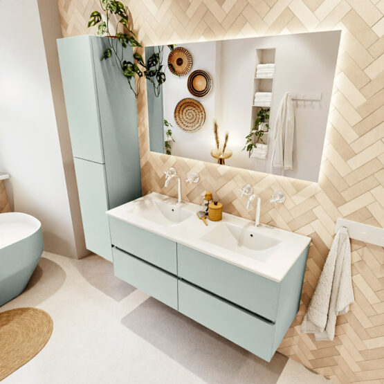 MONDIAZ VICA 120cm mueble de baño Greey 4 cajones. Lavabo DENIA Doble 2 orificios color Blanco brillo con espejo LED.