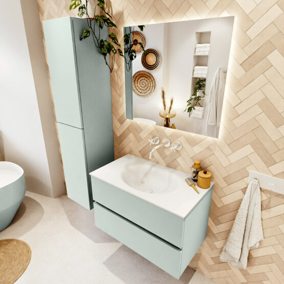 MONDIAZ VICA 80cm mueble de baño Greey 2 cajones. Lavabo MOON Centro sin orificio color Talc con espejo LED.