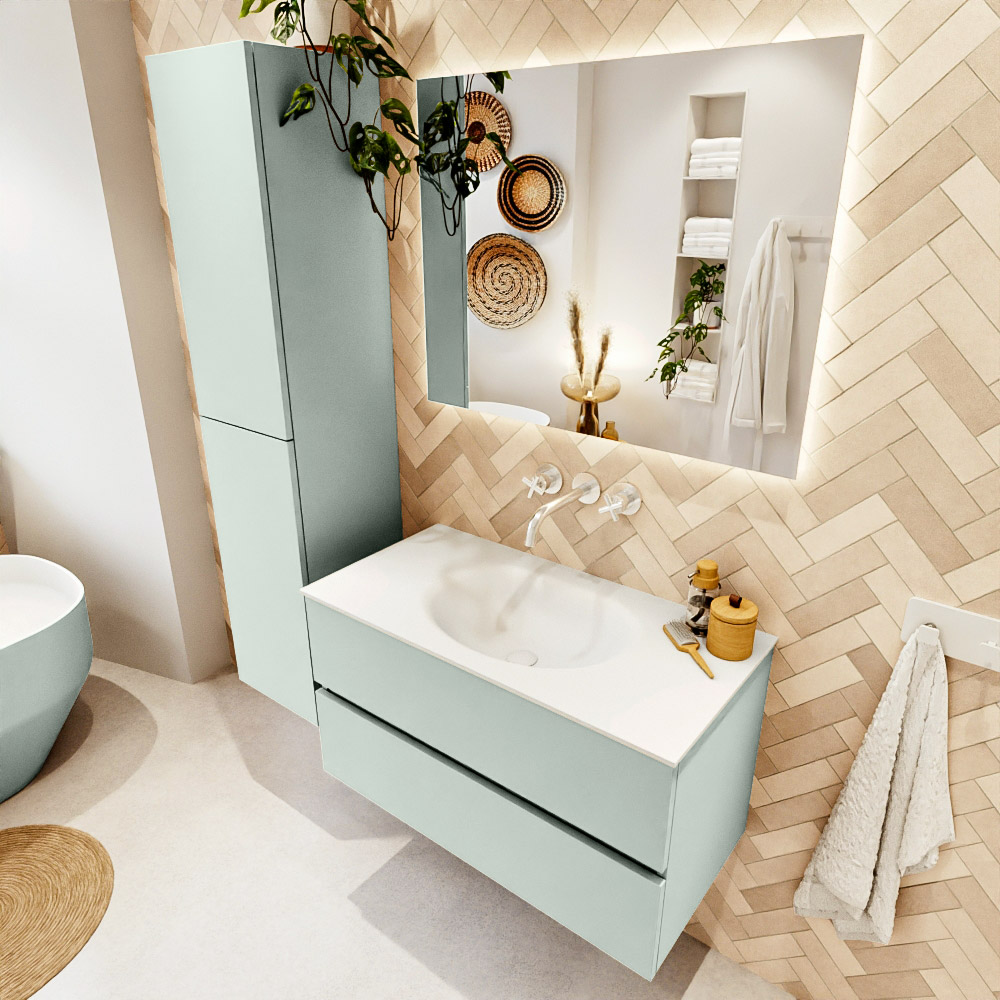 MONDIAZ VICA 90cm mueble de baño Greey 2 cajones. Lavabo MOON Centro sin orificio color Talc con espejo LED. 1 MONDIAZ VICA 90cm mueble de baño Greey 2 cajones. Lavabo MOON Centro sin orificio color Talc con espejo LED.