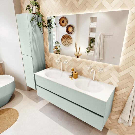 MONDIAZ VICA 140cm mueble de baño Greey 2 cajones. Lavabo MOON Doble 2 orificios color Talc con espejo LED.