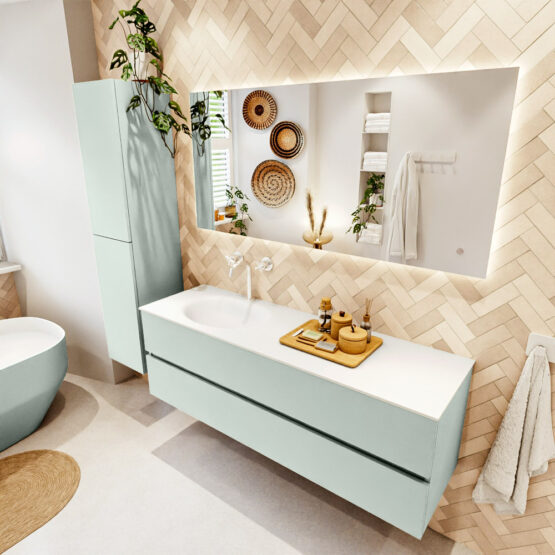 MONDIAZ VICA 150cm mueble de baño Greey 2 cajones. Lavabo MOON Izquierda 1 orificio color Talc con espejo LED.