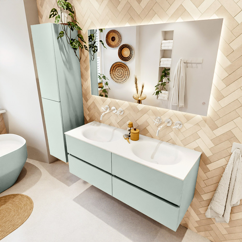 MONDIAZ VICA 130cm mueble de baño Greey 4 cajones. Lavabo MOON Doble sin orificio color Talc con espejo LED. 1 MONDIAZ VICA 130cm mueble de baño Greey 4 cajones. Lavabo MOON Doble sin orificio color Talc con espejo LED.