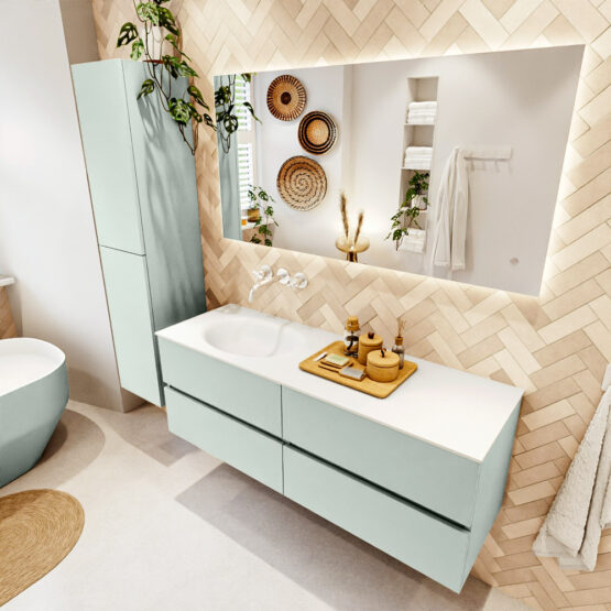 MONDIAZ VICA 140cm mueble de baño Greey 4 cajones. Lavabo MOON Izquierda sin orificio color Talc con espejo LED.