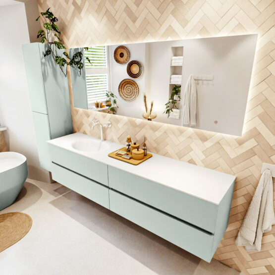 MONDIAZ VICA 200cm mueble de baño Greey 4 cajones. Lavabo MOON Izquierda 1 orificio color Talc con espejo LED.