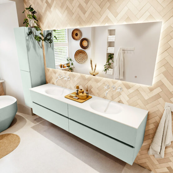 MONDIAZ VICA 200cm mueble de baño Greey 4 cajones. Lavabo MOON Doble sin orificio color Talc con espejo LED.