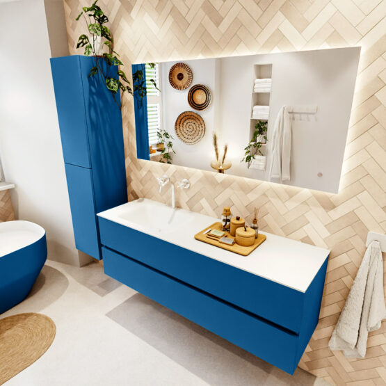 MONDIAZ VICA 150cm mueble de baño Jeans 2 cajones. Lavabo CLOUD Izquierda 1 orificio color Talc con espejo LED.