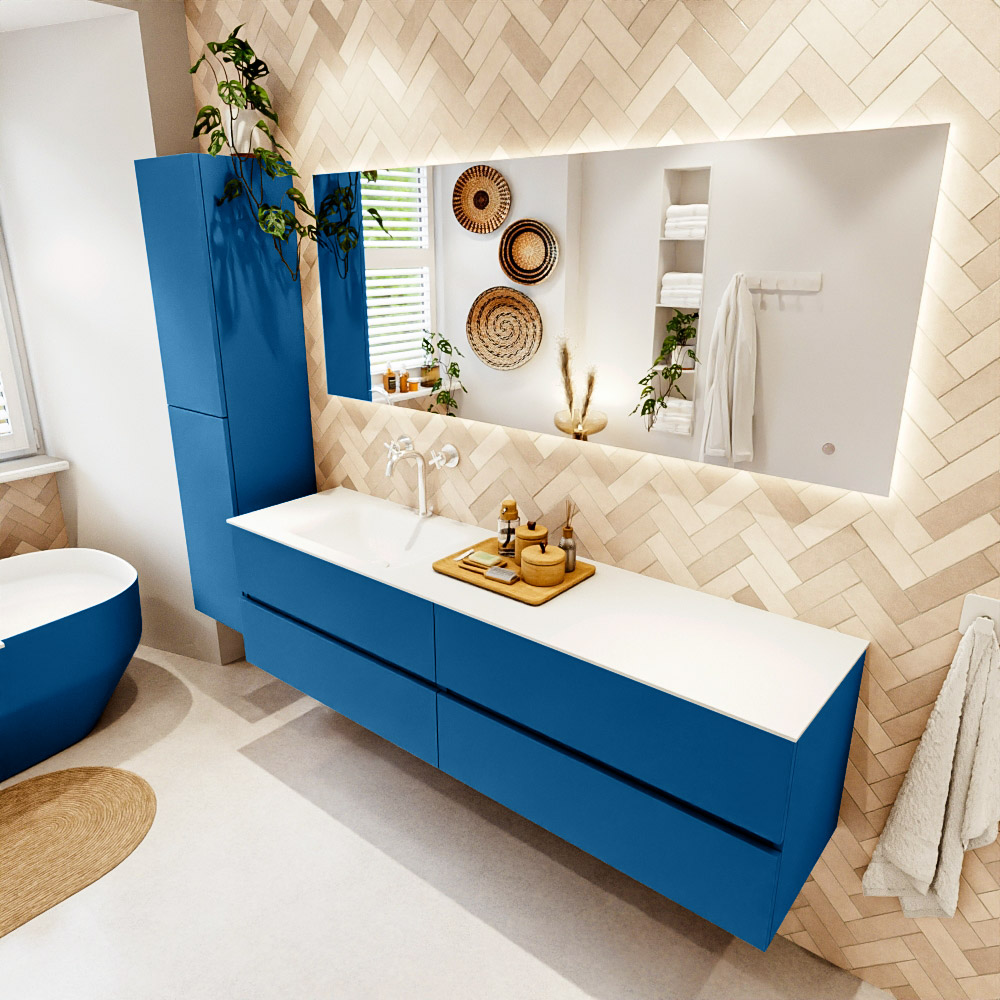 MONDIAZ VICA 180cm mueble de baño Jeans 4 cajones. Lavabo CLOUD Izquierda 1 orificio color Talc con espejo LED. 1 MONDIAZ VICA 180cm mueble de baño Jeans 4 cajones. Lavabo CLOUD Izquierda 1 orificio color Talc con espejo LED.