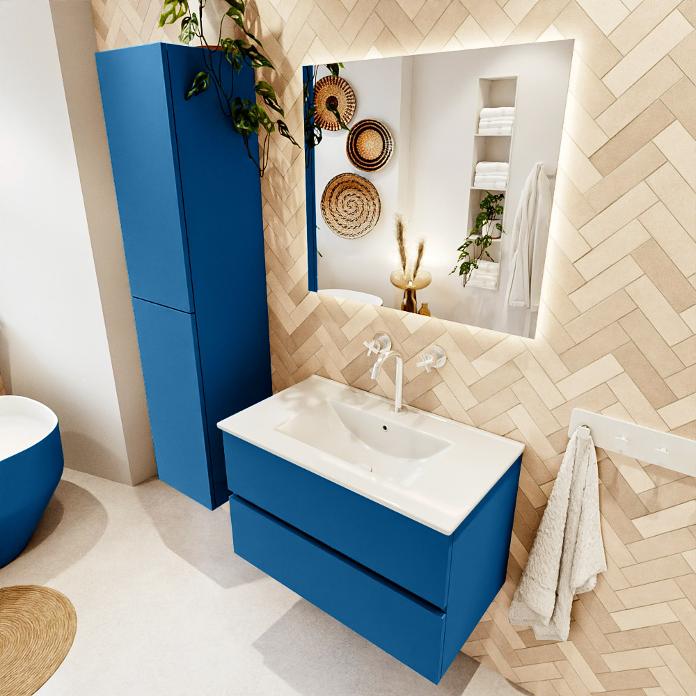 MONDIAZ VICA 80cm mueble de baño Jeans 2 cajones. Lavabo DENIA Centro 1 orificio, color Blanco brillo. 1 MONDIAZ VICA 80cm mueble de baño Jeans 2 cajones. Lavabo DENIA Centro 1 orificio