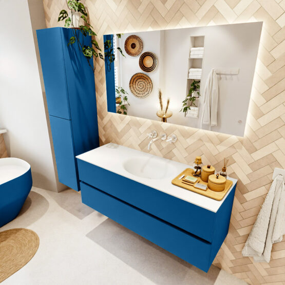 MONDIAZ VICA 130cm mueble de baño Jeans 2 cajones. Lavabo MOON Centro sin orificio color Talc con espejo LED.