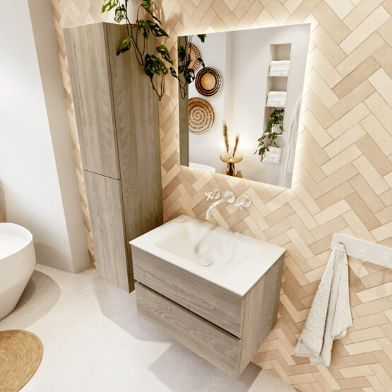 MONDIAZ VICA 70cm mueble de baño Light Brown Grey 2 cajones. Lavabo CLOUD Centro sin orificio color Talc con espejo LED.
