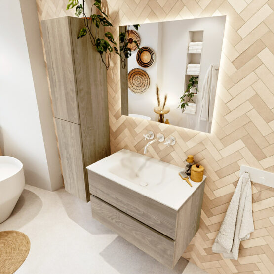 MONDIAZ VICA 80cm mueble de baño Light Brown Grey 2 cajones. Lavabo CLOUD Centro sin orificio color Talc con espejo LED.