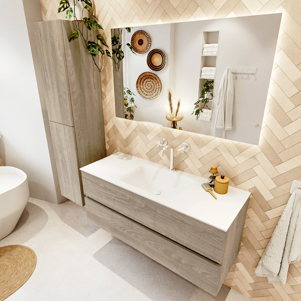 MONDIAZ VICA 120cm mueble de baño Light Brown Grey 2 cajones. Lavabo CLOUD Centro 1 orificio color Talc con espejo LED. 1 MONDIAZ VICA 120cm mueble de baño Light Brown Grey 2 cajones. Lavabo CLOUD Centro 1 orificio color Talc con espejo LED.