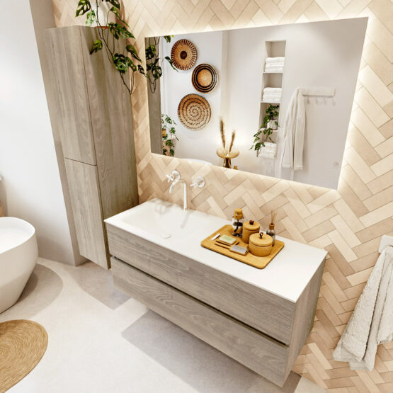 MONDIAZ VICA 120cm mueble de baño Light Brown Grey 2 cajones. Lavabo CLOUD Izquierda 1 orificio color Talc con espejo LED.