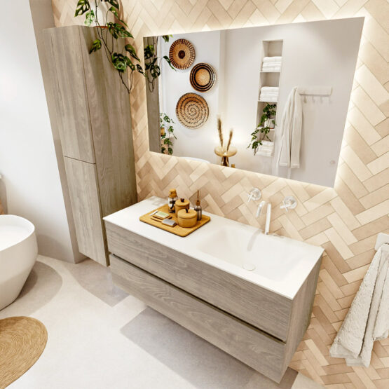 MONDIAZ VICA 120cm mueble de baño Light Brown Grey 2 cajones. Lavabo CLOUD Derecho 1 orificio color Talc con espejo LED.
