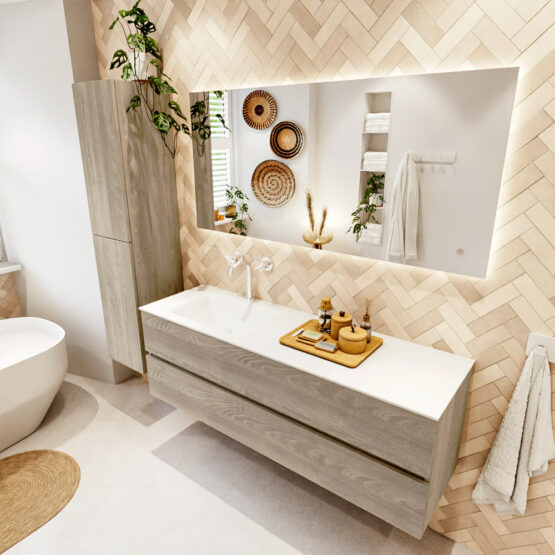 MONDIAZ VICA 150cm mueble de baño Light Brown Grey 2 cajones. Lavabo CLOUD Izquierda 1 orificio color Talc con espejo LED.