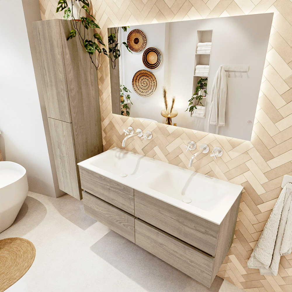 MONDIAZ VICA 120cm mueble de baño Light Brown Grey 4 cajones. Lavabo CLOUD Doble sin orificio color Talc con espejo LED. 1 MONDIAZ VICA 120cm mueble de baño Light Brown Grey 4 cajones. Lavabo CLOUD Doble sin orificio color Talc con espejo LED.