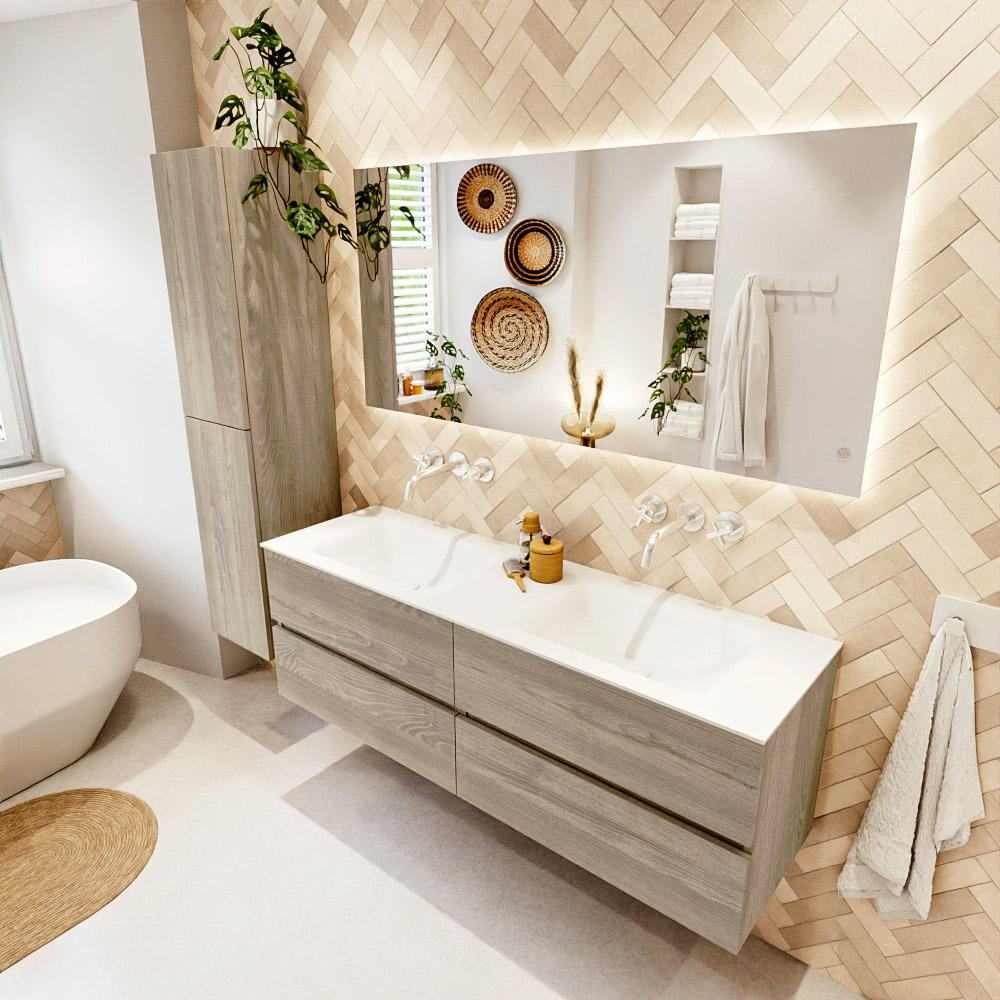 MONDIAZ VICA 150cm mueble de baño Light Brown Grey 4 cajones. Lavabo CLOUD Doble sin orificio color Talc con espejo LED. 1 MONDIAZ VICA 150cm mueble de baño Light Brown Grey 4 cajones. Lavabo CLOUD Doble sin orificio color Talc con espejo LED.