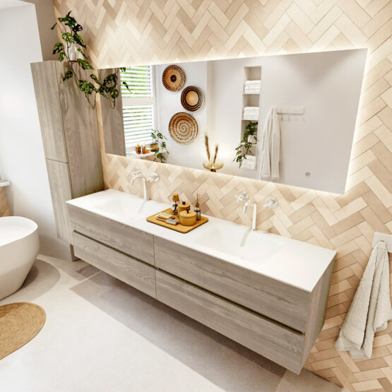 MONDIAZ VICA 200cm mueble de baño Light Brown Grey 4 cajones. Lavabo CLOUD Doble 2 orificios color Talc con espejo LED.