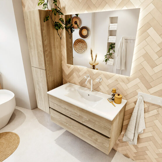 MONDIAZ VICA 100cm mueble de baño Light Brown Grey 2 cajones. Lavabo DENIA Centro 1 orificio color Blanco brillo con espejo LED.