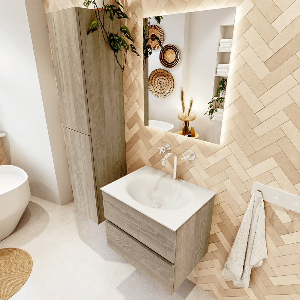 MONDIAZ VICA 60cm mueble de baño Light Brown Grey 2 cajones. Lavabo MOON Centro 1 orificio color Talc con espejo LED. 1 MONDIAZ VICA 60cm mueble de baño Light Brown Grey 2 cajones. Lavabo MOON Centro 1 orificio color Talc con espejo LED.